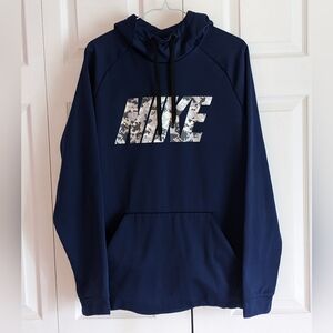 EUC Men's Nike Dri-Fit Hoodie Navy blue w/white & grey digital print logo Sz L
